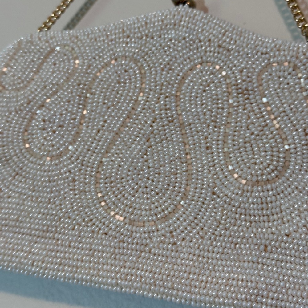 Vintage Emson White Beaded Evening Clutch Bag Faux Pearl Swirl chain handle